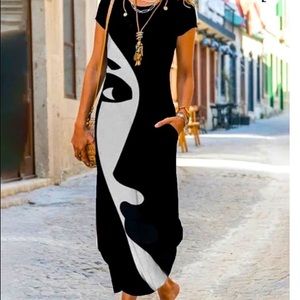 Short Sleeve Abstract Dress Sz L Black/White